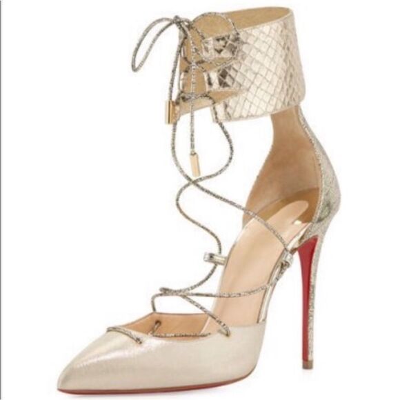Christian Louboutin Cord Ankle  100mm Gold Lace-Up Heels Size 7.5 - Picture 2 of 15